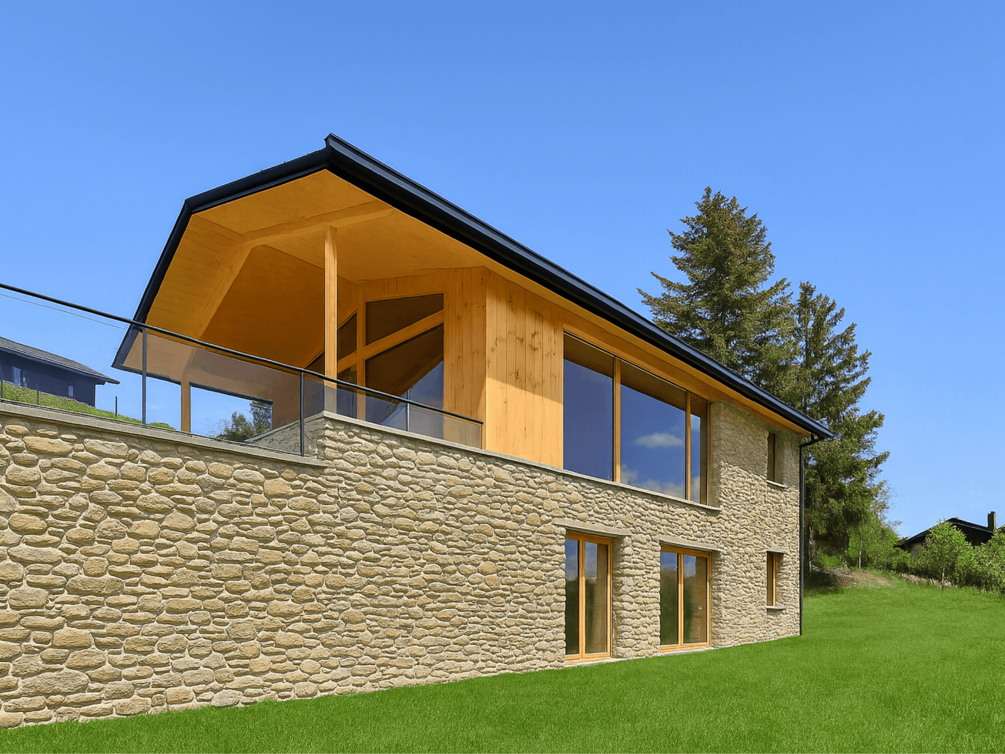 Casa sostenible de madera en Cortàs, La Cerdanya, con vistas al valle, grandes ventanales, orientación sur y diseño pasivo eficiente energéticamente.