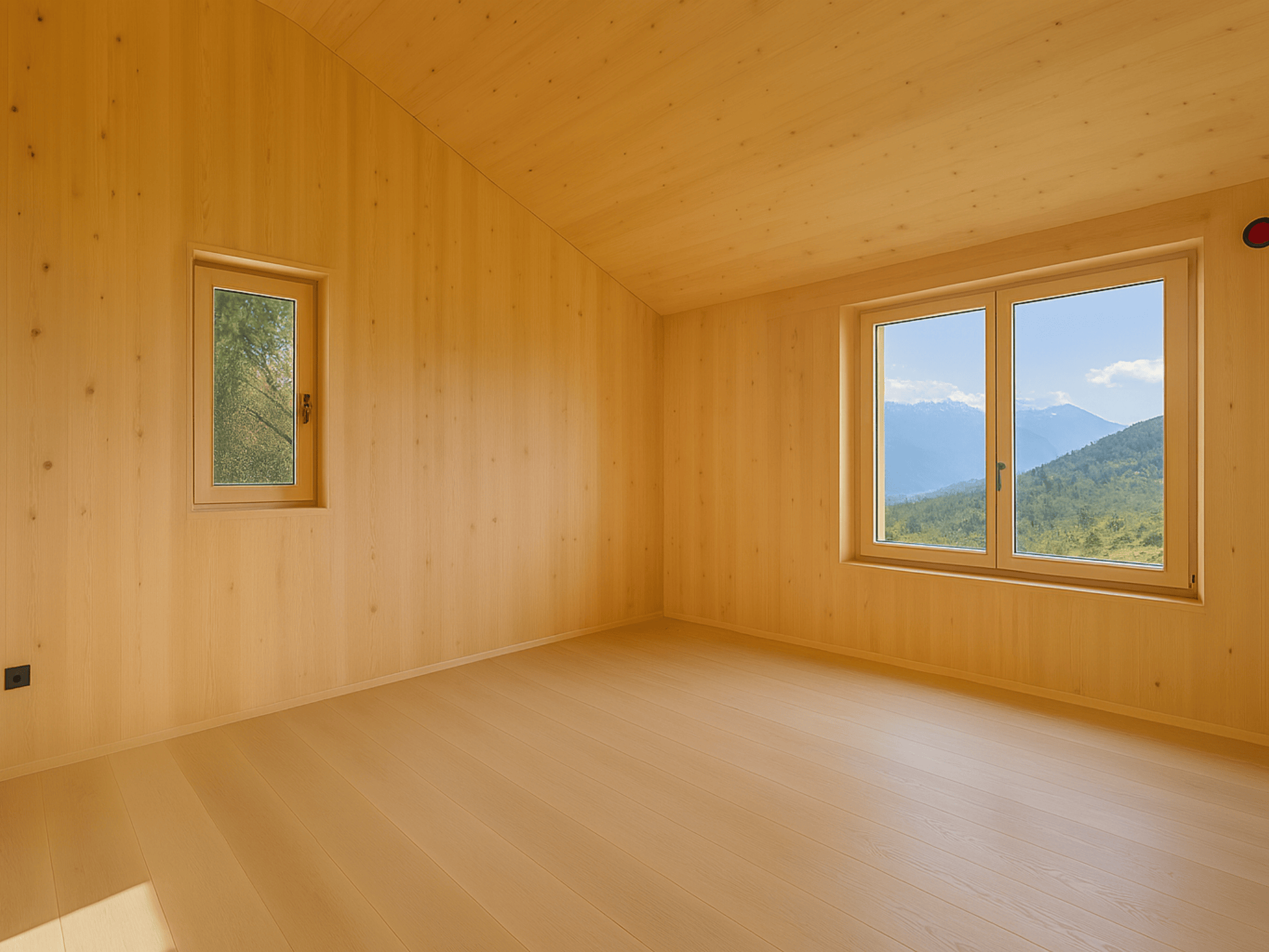 Casa sostenible de madera en Cortàs, La Cerdanya, con vistas al valle, grandes ventanales, orientación sur y diseño pasivo eficiente energéticamente.