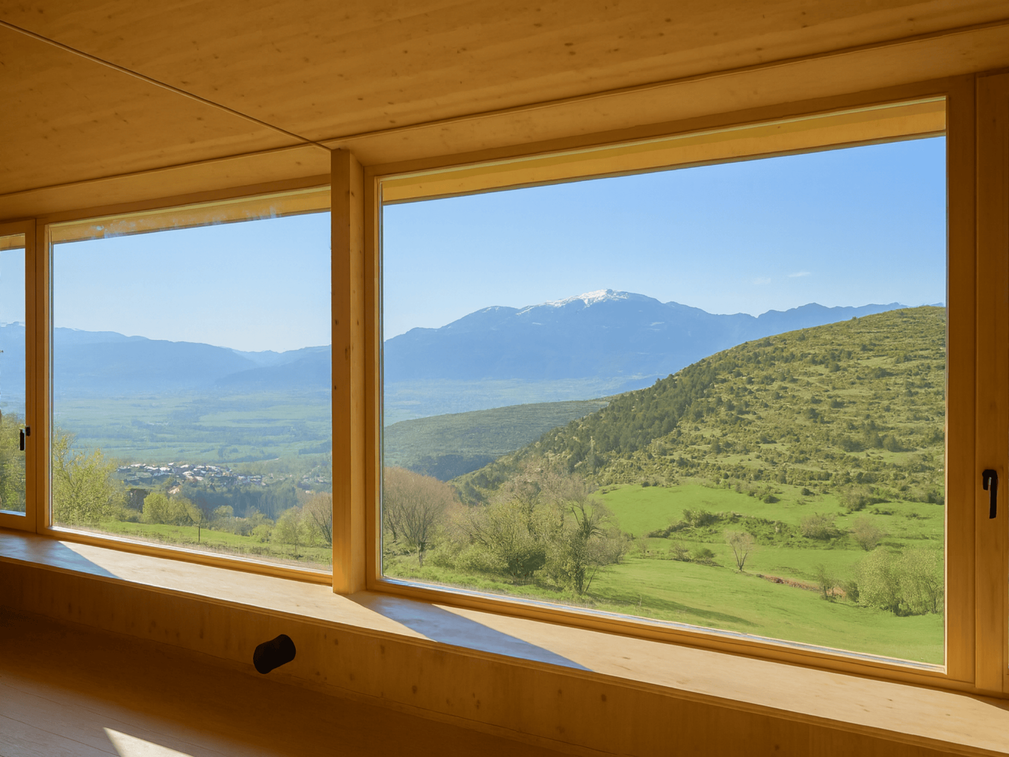 Casa sostenible de madera en Cortàs, La Cerdanya, con vistas al valle, grandes ventanales, orientación sur y diseño pasivo eficiente energéticamente.