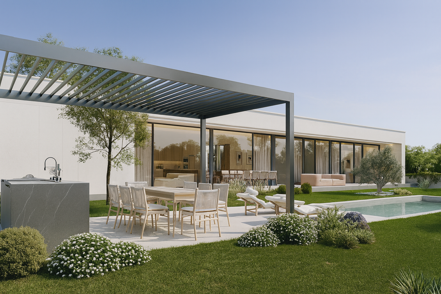 Casa de obra nueva en Cardedeu, 285 m² en una sola planta sobre parcela llana de 1.400 m², con eficiencia energética A, cocina Santos con isla, salón abierto al jardín, 4 habitaciones dobles, 3 baños de diseño, piscina de cloración salina, zona de barbacoa con pérgola y acabados de alta gama.