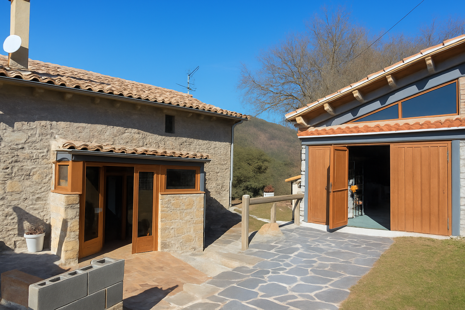 Masía y anexos entre bosque de pino rojo y roble en Les Llosses, vistas abiertas y prados, Mudita Barcelona.