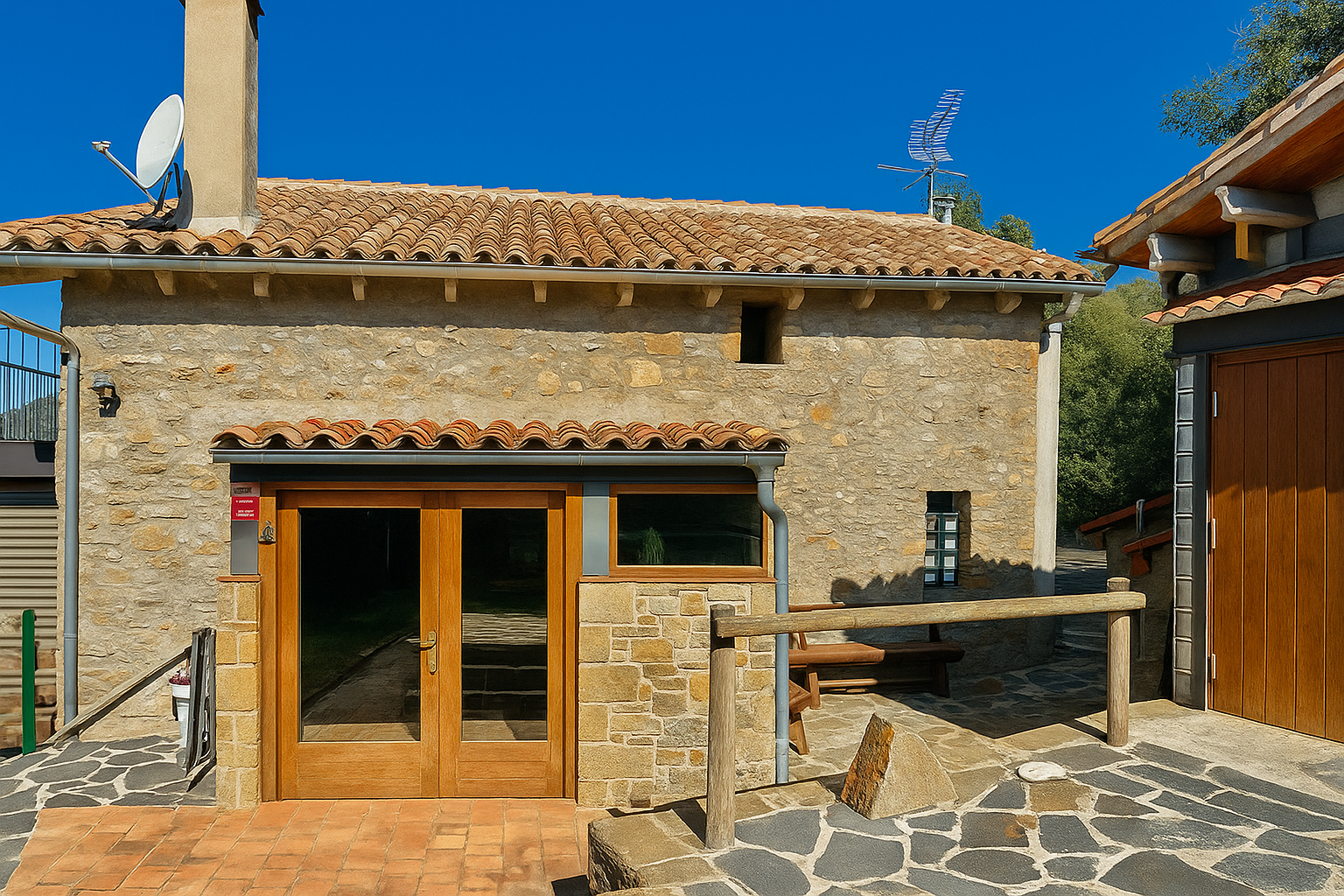 Masía y anexos entre bosque de pino rojo y roble en Les Llosses, vistas abiertas y prados, Mudita Barcelona.