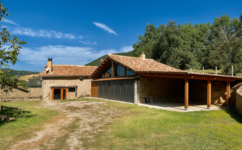 Masía y anexos entre bosque de pino rojo y roble en Les Llosses, vistas abiertas y prados, Mudita Barcelona.