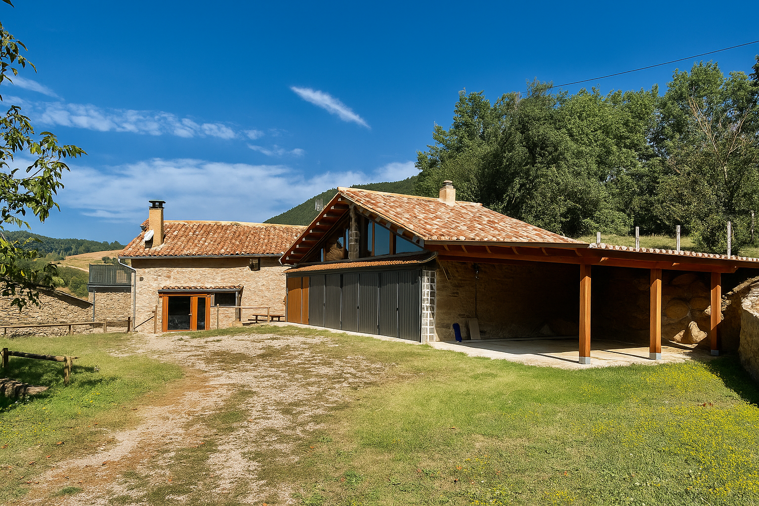 Masía y anexos entre bosque de pino rojo y roble en Les Llosses, vistas abiertas y prados, Mudita Barcelona.