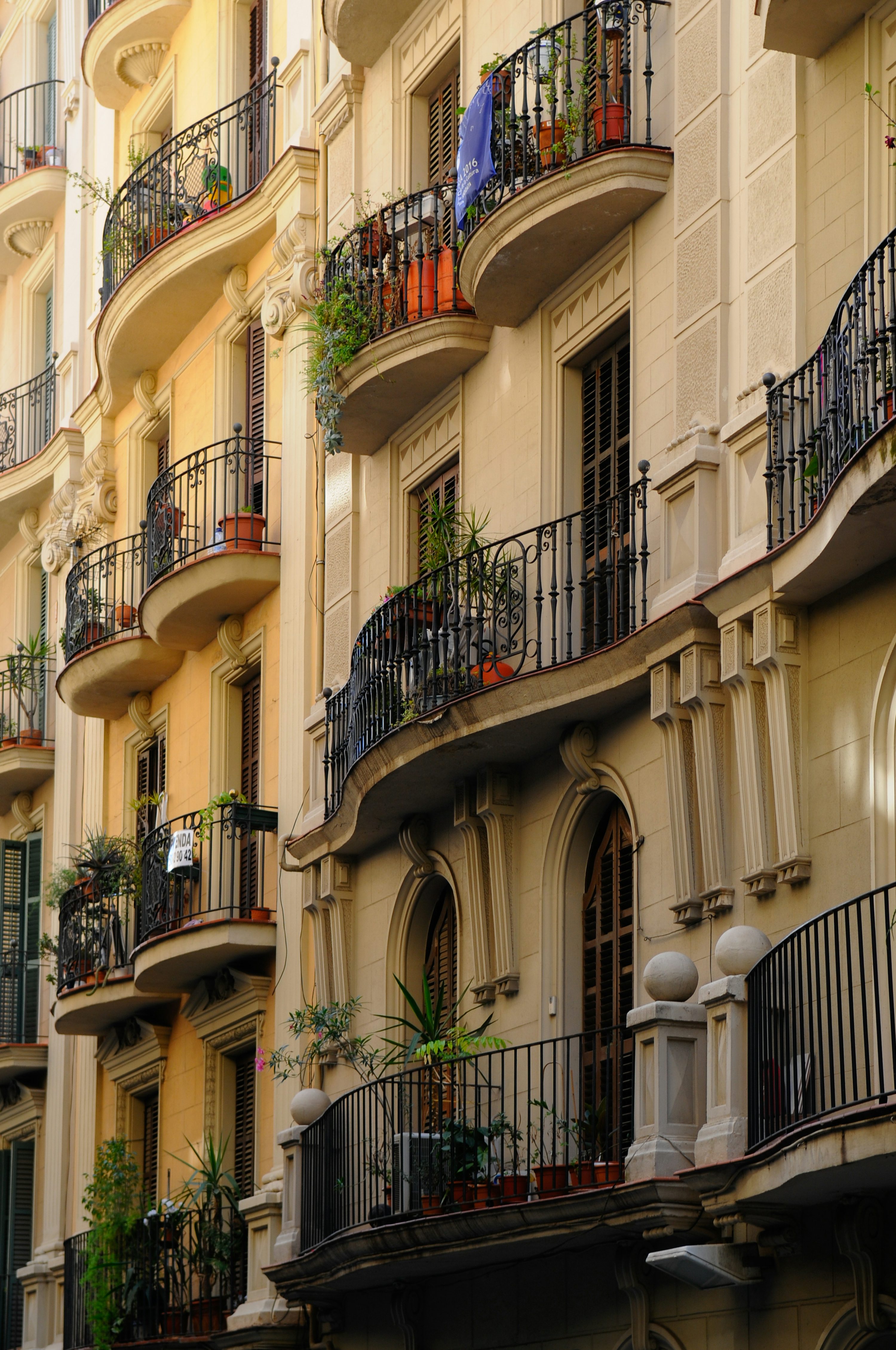 Fachada residencial de Barcelona con balcones de hierro y vegetación, iluminada por luz natural.